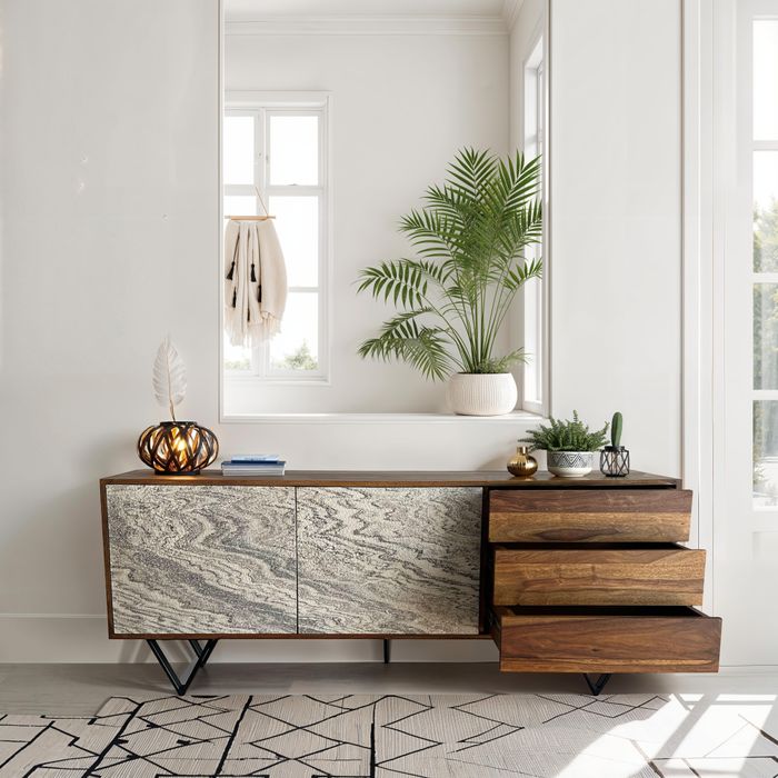 FineBuy Sideboard 175x71x40 cm Sheesham Massivholz Kommode mit Steinoptik Weiß, Hoher Kommodenschrank Modern, Standschrank mit 2 Türen und 3 Schubladen, Anrichte Wohnzimmer