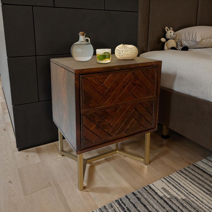 FineBuy Nachttisch Akazie Massivholz 45x40x57 cm Nachtschrank Boxspringbett, Nachtkonsole Braun Modern mit 2 Schubladen, Nachtkommode Fischgrät-Muster Stauraum & Metallgestell