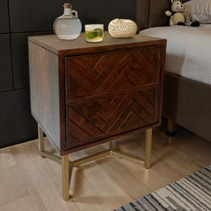 FB110155 FineBuy Nachttisch Akazie Massivholz 45x40x57 cm Nachtschrank Boxspringbett, Nachtkonsole Braun Modern mit 2 Schubladen, Nachtkommode Fischgrät-Muster Stauraum & Metallgestell