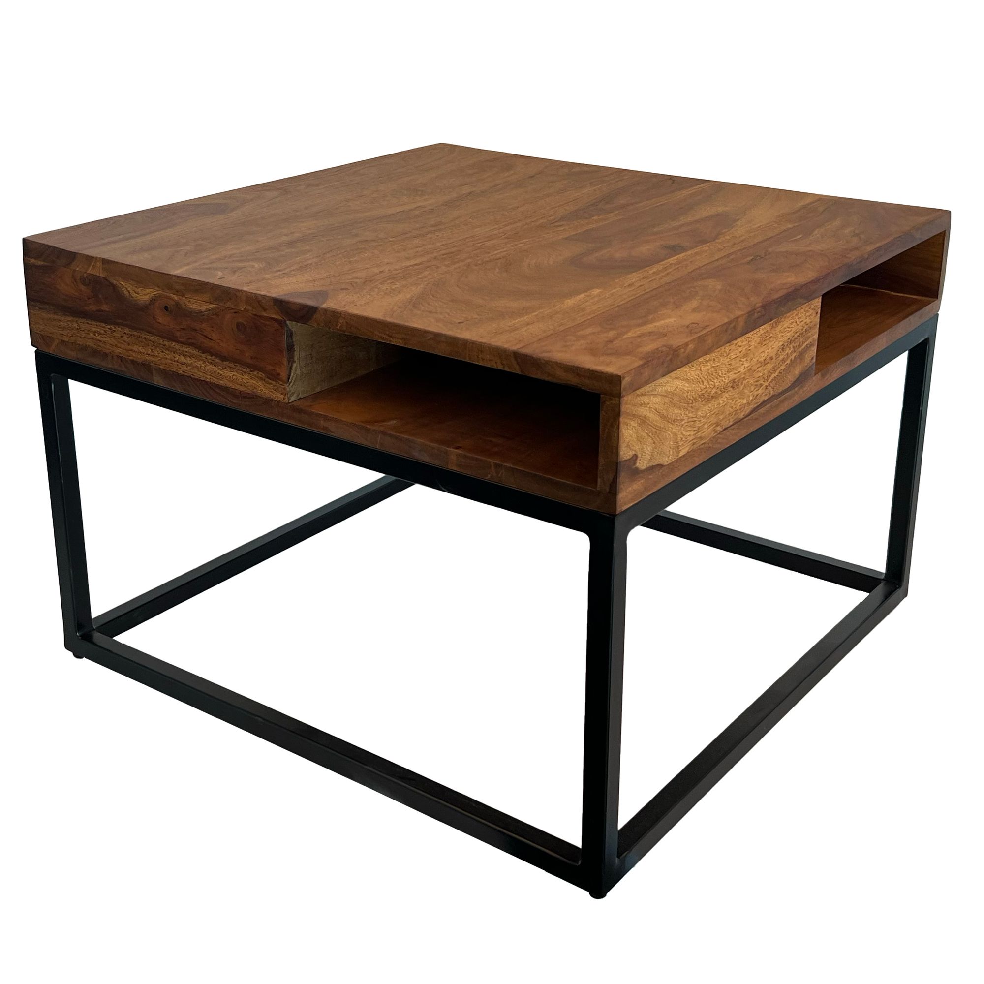 FineBuy Couchtisch Sheesham Massivholz 60x60 cm · Quadratischer Wohnzimmertisch mit Ablagen · Naturfarbener Holztisch mit stabilem Metallgestell im modernen Design | Farbe: Braun