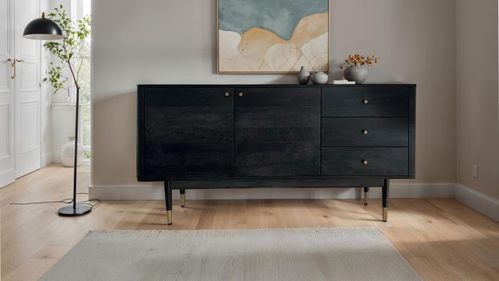 FineBuy Sideboard 160x81x42 cm Akazie Massivholz Kommode Schwarz, Hoher Kommodenschrank Modern, Standschrank mit 2 Türen und 3 Schubladen, Anrichte Wohnzimmer