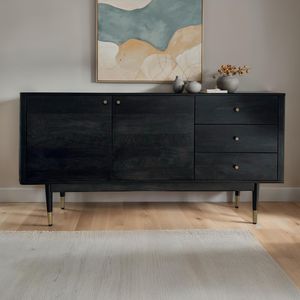 FineBuy Sideboard 160x81x42 cm Akazie Massivholz Kommode Schwarz, Hoher Kommodenschrank Modern, Standschrank mit 2 Türen und 3 Schubladen, Anrichte Wohnzimmer