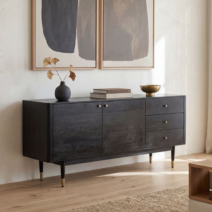 FineBuy Sideboard Akazie Massivholz 160 cm 2 Türen & 3 Schubladen - Massive Retro Kommode in Schwarz - Design Natur Anrichte - Handmade Industrial