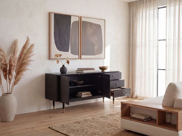 FineBuy Sideboard Akazie Massivholz 160 cm 2 Türen & 3 Schubladen - Massive Retro Kommode in Schwarz - Design Natur Anrichte - Handmade Industrial