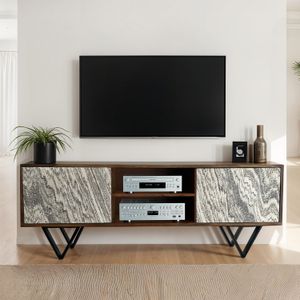 FineBuy Lowboard Sheesham Massivholz 150x56x35 cm TV-Kommode mit Steinoptik Weiß, Design TV-Schrank Hoch, Fernsehtisch Fernsehschrank Modern zwei Türen, Fernsehkommode Wohnzimmer mit Metallbeine