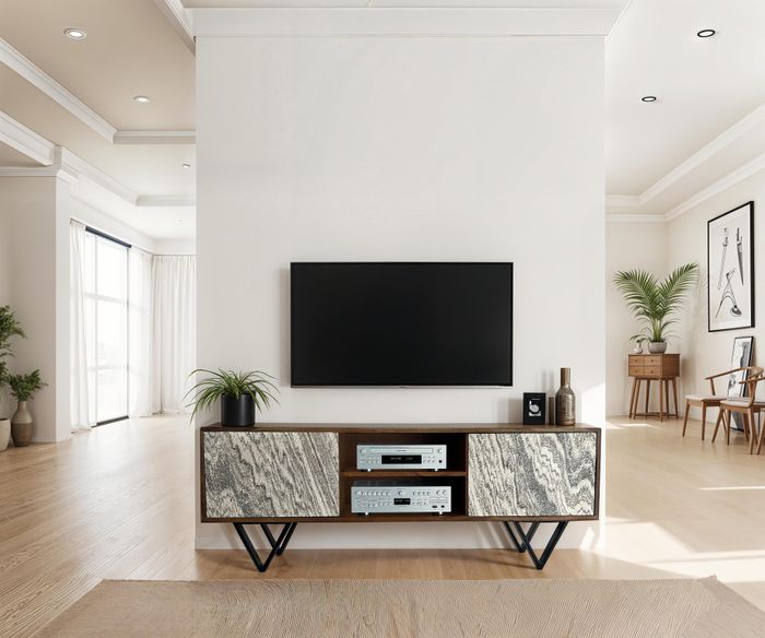 FineBuy Lowboard Sheesham Massivholz 150x56x35 cm TV-Kommode mit Steinoptik Weiß, Design TV-Schrank Hoch, Fernsehtisch Fernsehschrank Modern zwei Türen, Fernsehkommode Wohnzimmer mit Metallbeine