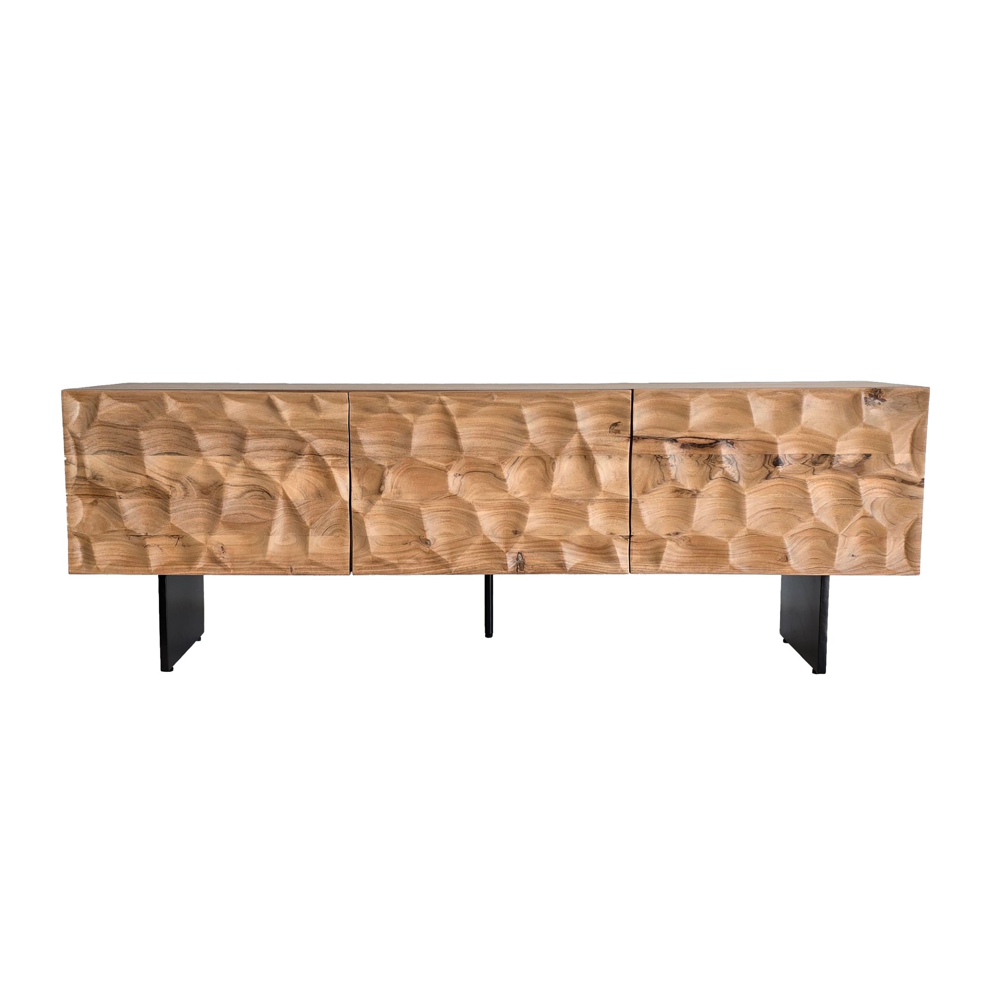 FineBuy Lowboard Akazie Massivholz 160x56x37 cm TV-Kommode mit drei Türen, Design TV-Schrank 3D-Optik Hoch, Fernsehtisch Fernsehschrank Modern, Fernsehkommode Wohnzimmer mit Metallbeine | Farbe: Braun