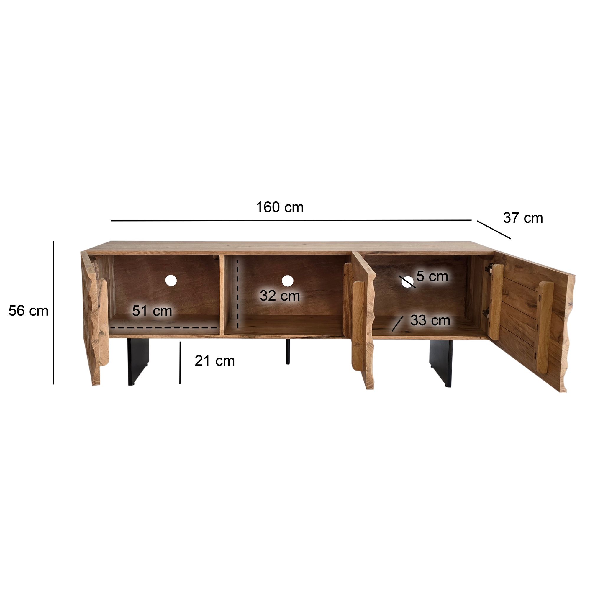 FineBuy Lowboard Akazie Massivholz 160x56x37 cm TV-Kommode mit drei Türen, Design TV-Schrank 3D-Optik Hoch, Fernsehtisch Fernsehschrank Modern, Fernsehkommode Wohnzimmer mit Metallbeine | Farbe: Braun