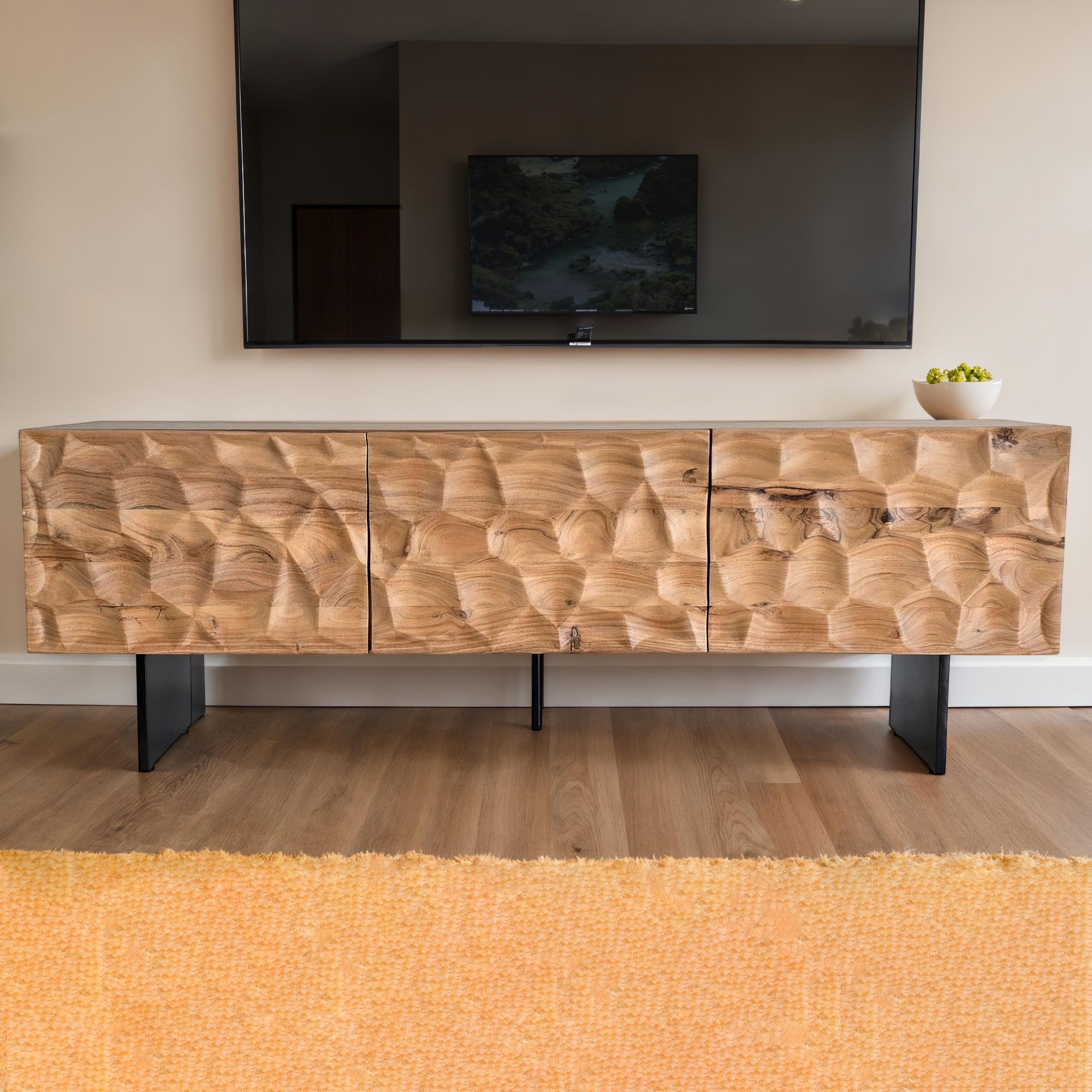 FineBuy Lowboard Akazie Massivholz 160x56x37 cm TV-Kommode mit drei Türen, Design TV-Schrank 3D-Optik Hoch, Fernsehtisch Fernsehschrank Modern, Fernsehkommode Wohnzimmer mit Metallbeine | Farbe: Braun