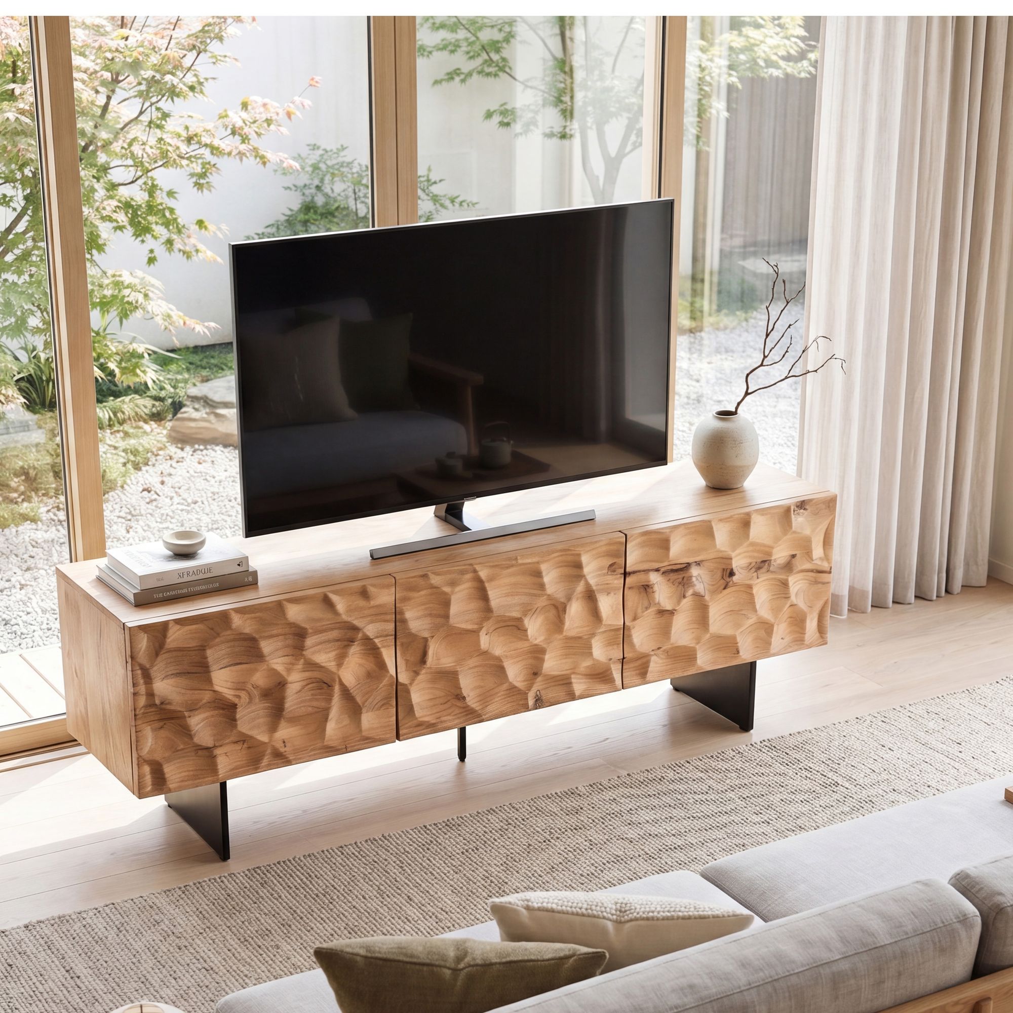 TV Schrank FineBuy Lowboard 160 cm Holz Massiv Fernsehkommode Fernsehschrank – Ansicht 1