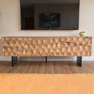 FineBuy Lowboard Akazie Massivholz 160x56x37 cm TV-Kommode mit drei Türen, Design TV-Schrank 3D-Optik Hoch, Fernsehtisch Fernsehschrank Modern, Fernsehkommode Wohnzimmer mit Metallbeine