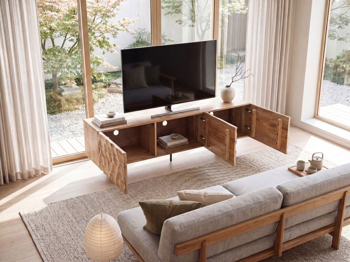 FineBuy Lowboard Akazie Massivholz 160x56x37 cm TV-Kommode mit drei Türen, Design TV-Schrank 3D-Optik Hoch, Fernsehtisch Fernsehschrank Modern, Fernsehkommode Wohnzimmer mit Metallbeine