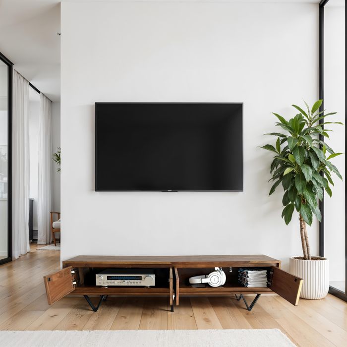FineBuy Lowboard Sheesham Massivholz 160 cm, TV Board mit Front in Steinoptik & schwarzem Metallgestell, Fernsehschrank Industrial Design, TV Möbel Wohnzimmer Holz Metall