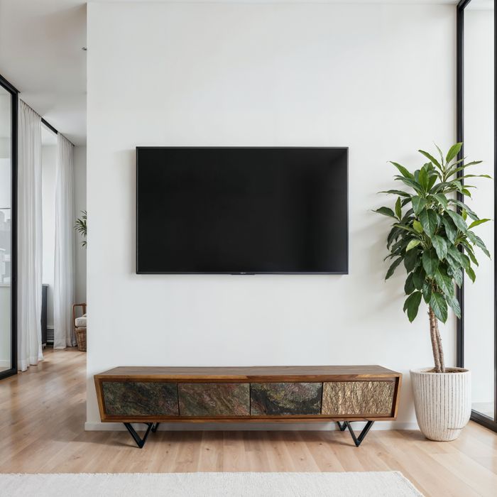 FineBuy Lowboard Sheesham Massivholz 160 cm, TV Board mit Front in Steinoptik & schwarzem Metallgestell, Fernsehschrank Industrial Design, TV Möbel Wohnzimmer Holz Metall