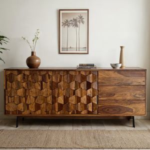 FineBuy Sideboard Sheesham Massivholz 175 cm – Kommode mit Türen & Schubladen – Anrichte im Loft Industrial Design mit schwarzem Metallgestell – Wohnzimmer & Esszimmer Stauraum