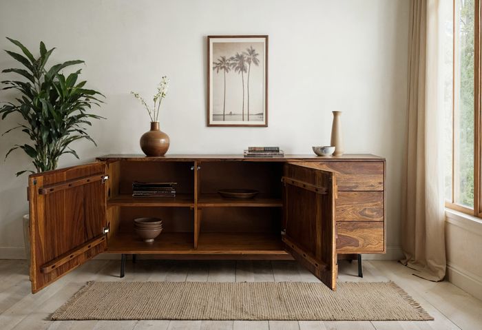 FineBuy Sideboard Sheesham Massivholz 175 cm – Kommode mit Türen & Schubladen – Anrichte im Loft Industrial Design mit schwarzem Metallgestell – Wohnzimmer & Esszimmer Stauraum
