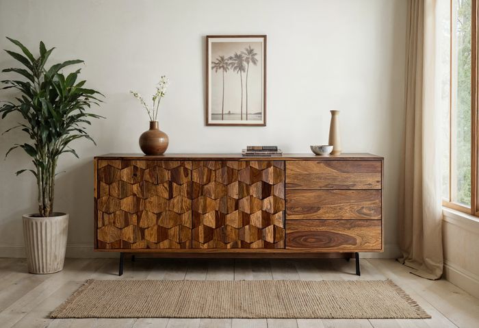 FineBuy Sideboard Sheesham Massivholz 175 cm – Kommode mit Türen & Schubladen – Anrichte im Loft Industrial Design mit schwarzem Metallgestell – Wohnzimmer & Esszimmer Stauraum