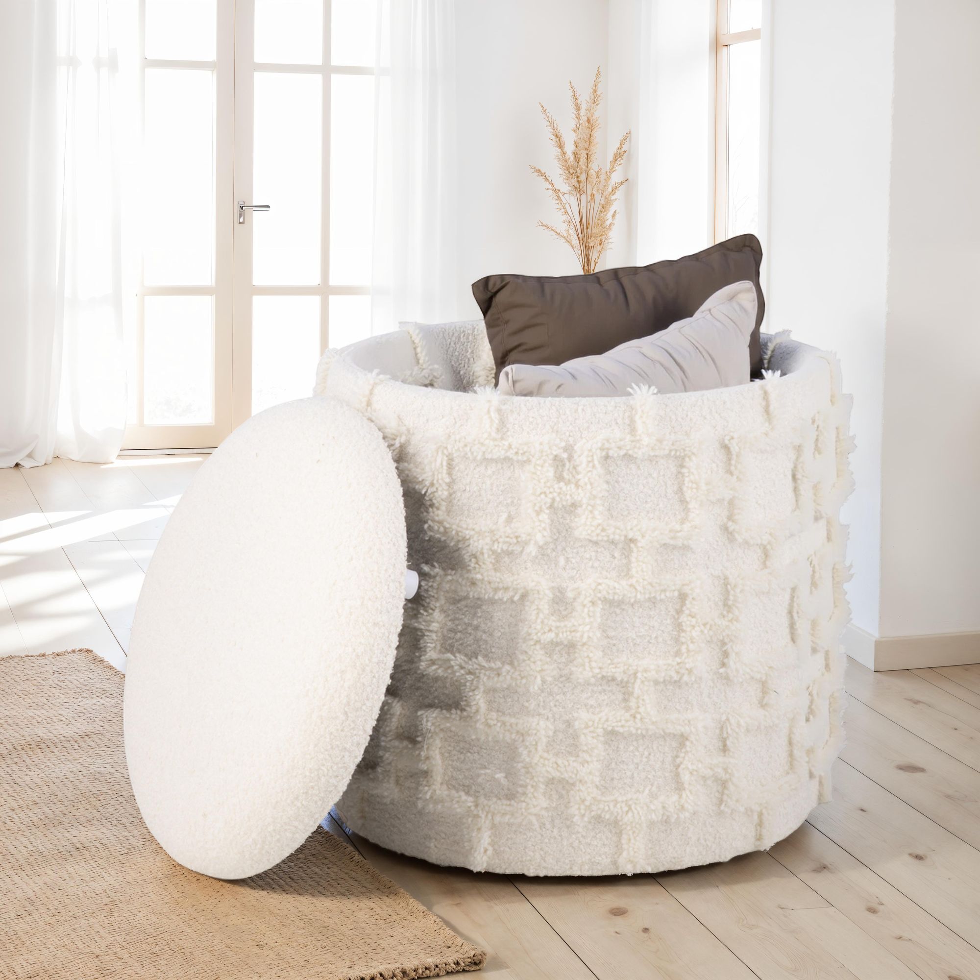 FineBuy Sitzhocker mit Stauraum 45x40 cm, Runder Polsterhocker mit weichem Strukturstoff & Deckel, Moderner Aufbewahrungshocker in Creme, Bequemer Hocker für Wohnzimmer, Schlafzimmer & Flur | Farbe: Beige