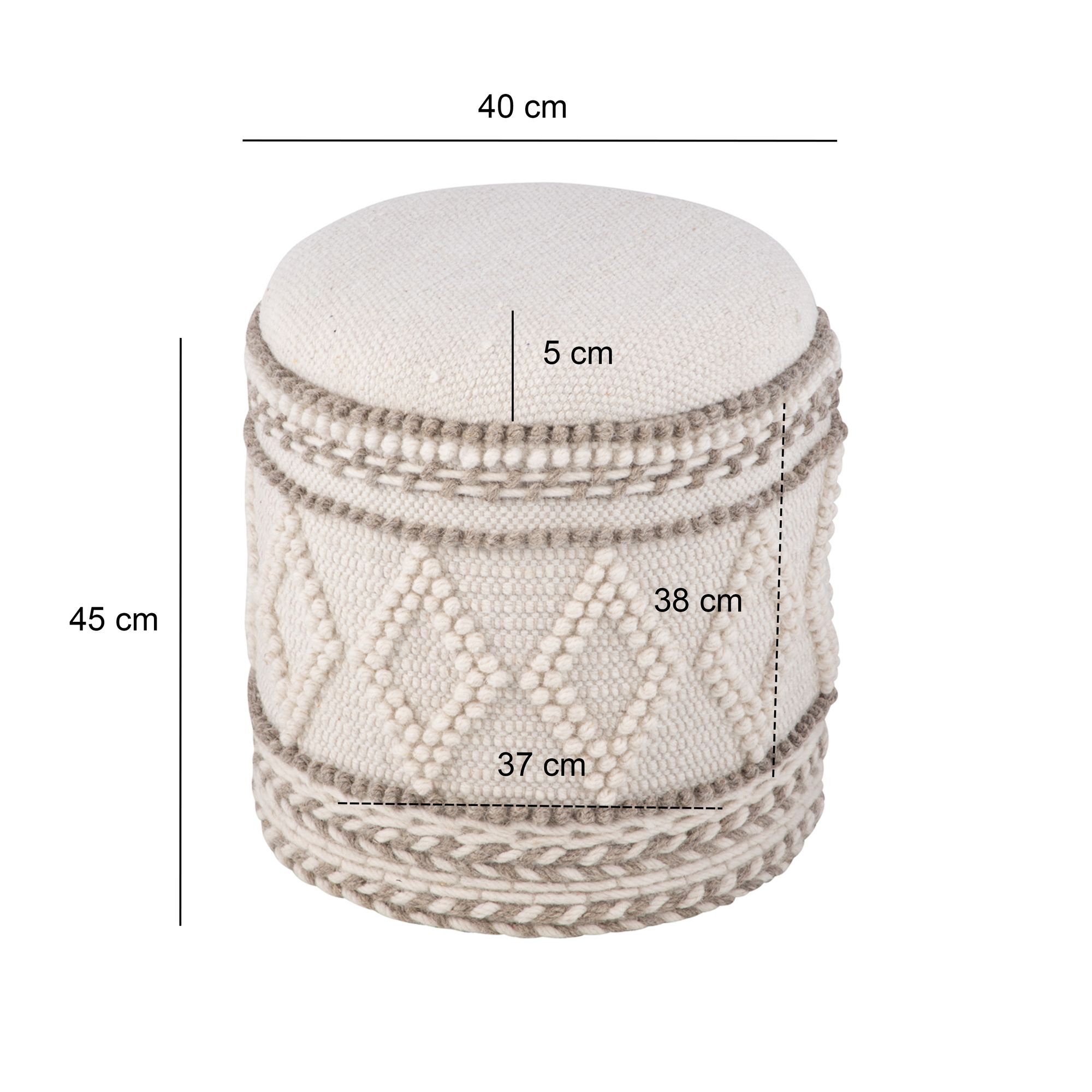 FineBuy Sitzhocker mit Stauraum – Ø 40 x H 45 cm – runder Aufbewahrungshocker aus Stoff mit Boho Design – gepolsterter Fußhocker, Beistellhocker, ideal für Wohnzimmer & Schlafzimmer | Farbe: Beige