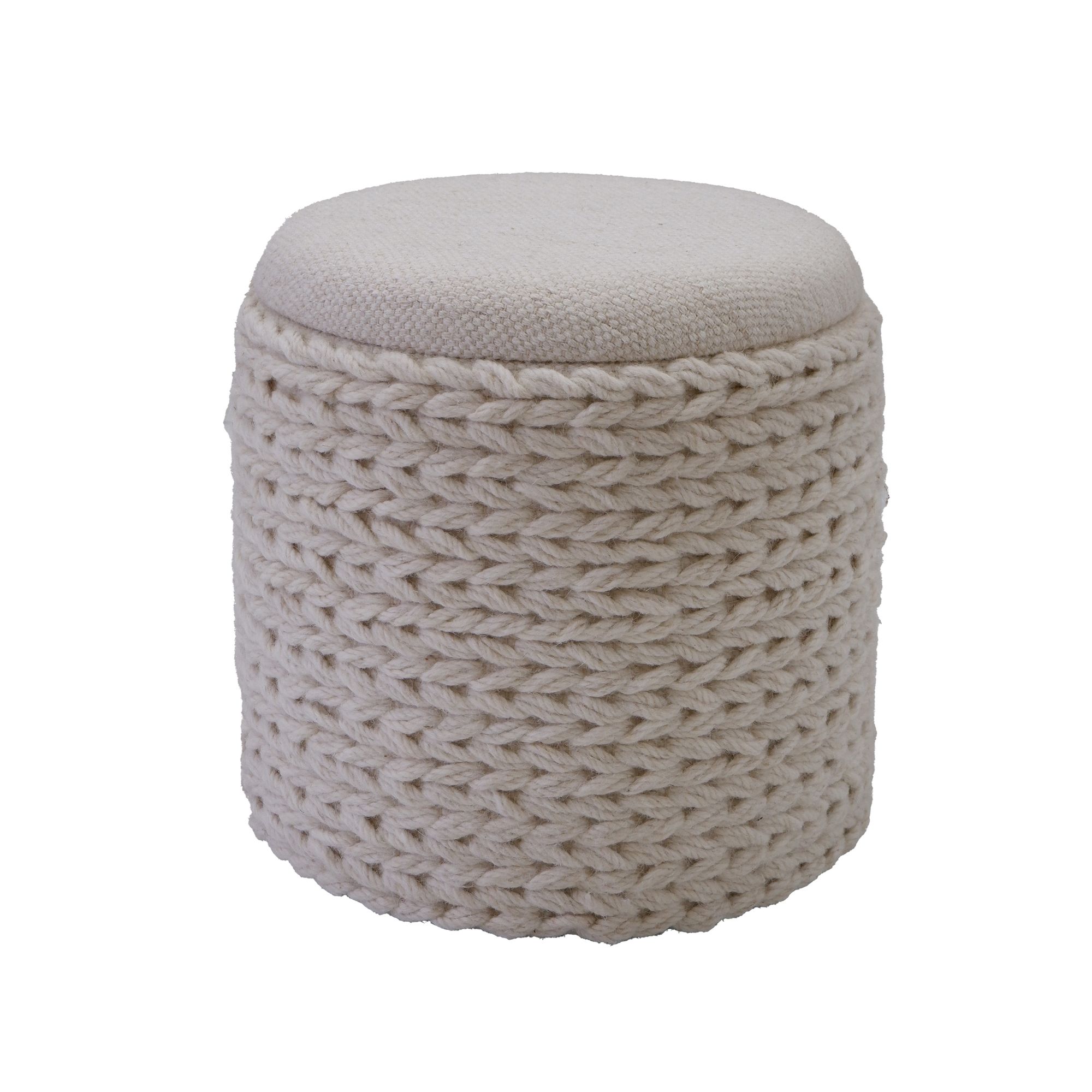 FineBuy Sitzhocker mit Stauraum aus Wolle rund 40x40x45 cm, Hocker mit abnehmbarem Deckel, Beistellhocker handgefertigt im Boho Stil, Creme Weiß | Farbe: Beige