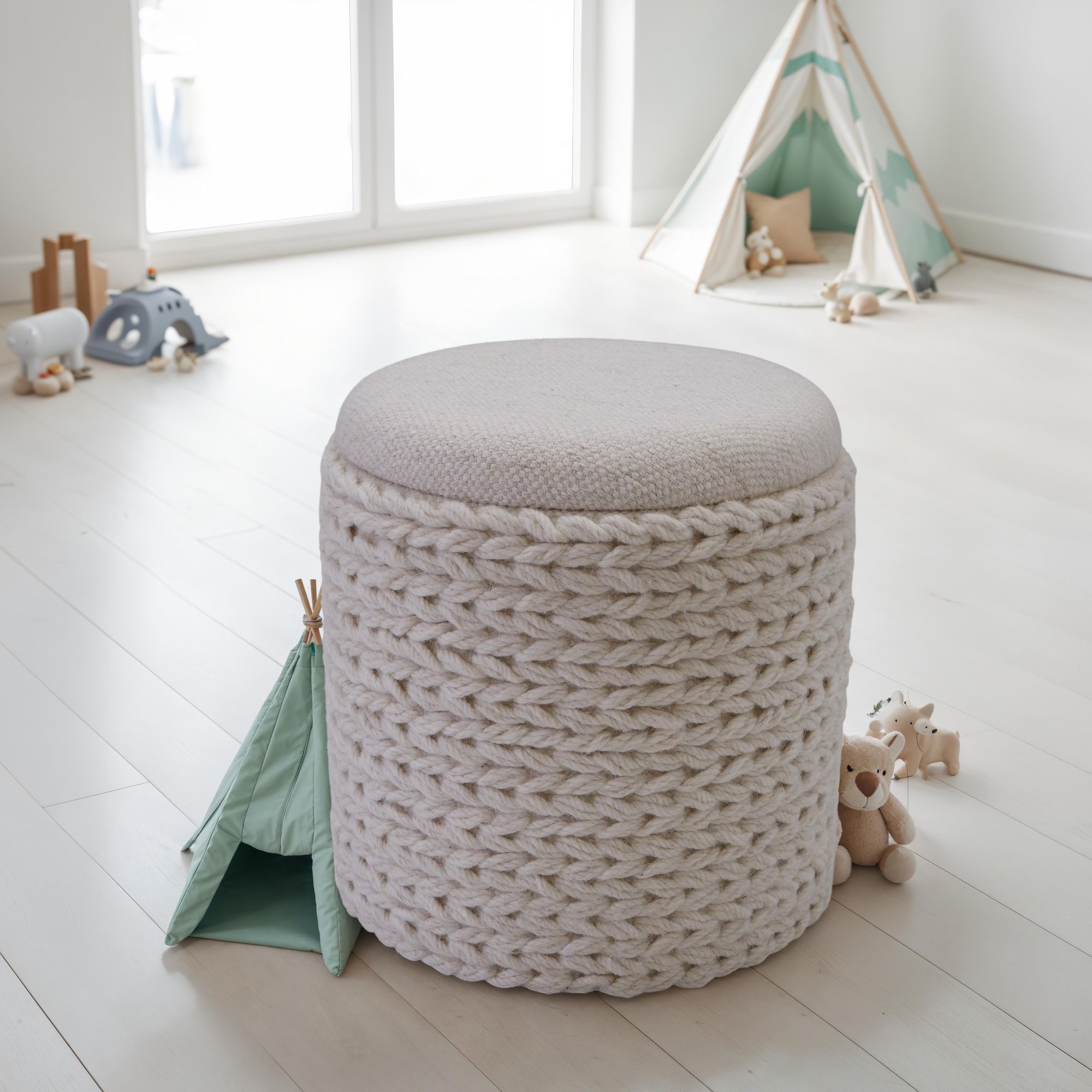 FineBuy Sitzhocker mit Stauraum aus Wolle rund 40x40x45 cm, Hocker mit abnehmbarem Deckel, Beistellhocker handgefertigt im Boho Stil, Creme Weiß | Farbe: Beige