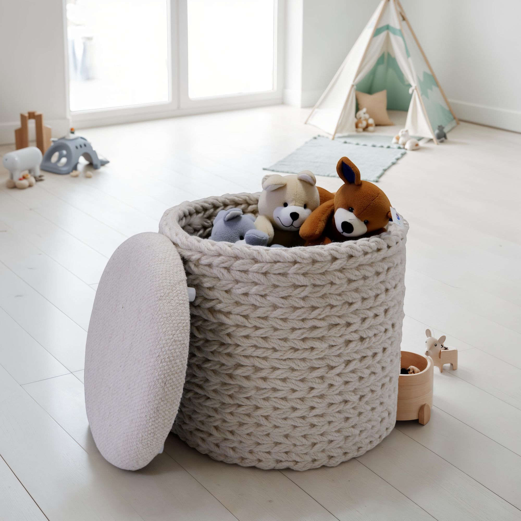 FineBuy Sitzhocker mit Stauraum aus Wolle rund 40x40x45 cm, Hocker mit abnehmbarem Deckel, Beistellhocker handgefertigt im Boho Stil, Creme Weiß | Farbe: Beige