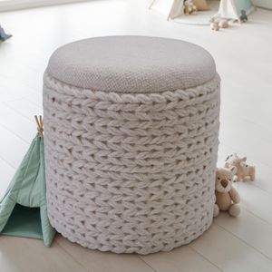 FB111031 FineBuy Sitzhocker mit Stauraum aus Wolle rund 40x40x45 cm, Hocker mit abnehmbarem Deckel, Beistellhocker handgefertigt im Boho Stil, Creme Weiß