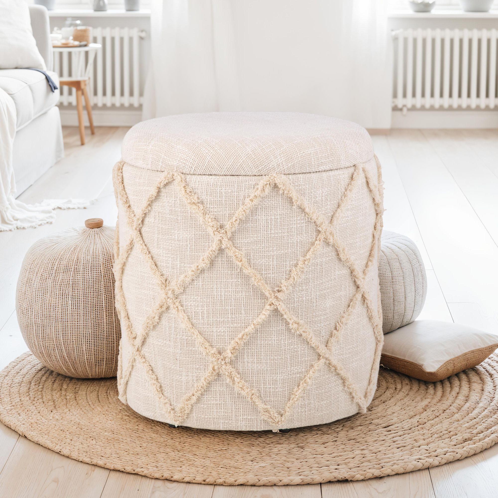 FineBuy Sitzhocker mit Stauraum rund 40x40x45 cm, Polsterhocker Creme Baumwolle Boho Design, Hocker mit abnehmbarem Deckel & Staufach, Stoff Dekohocker für Wohnzimmer, Schlafzimmer & Flur | Farbe: Beige