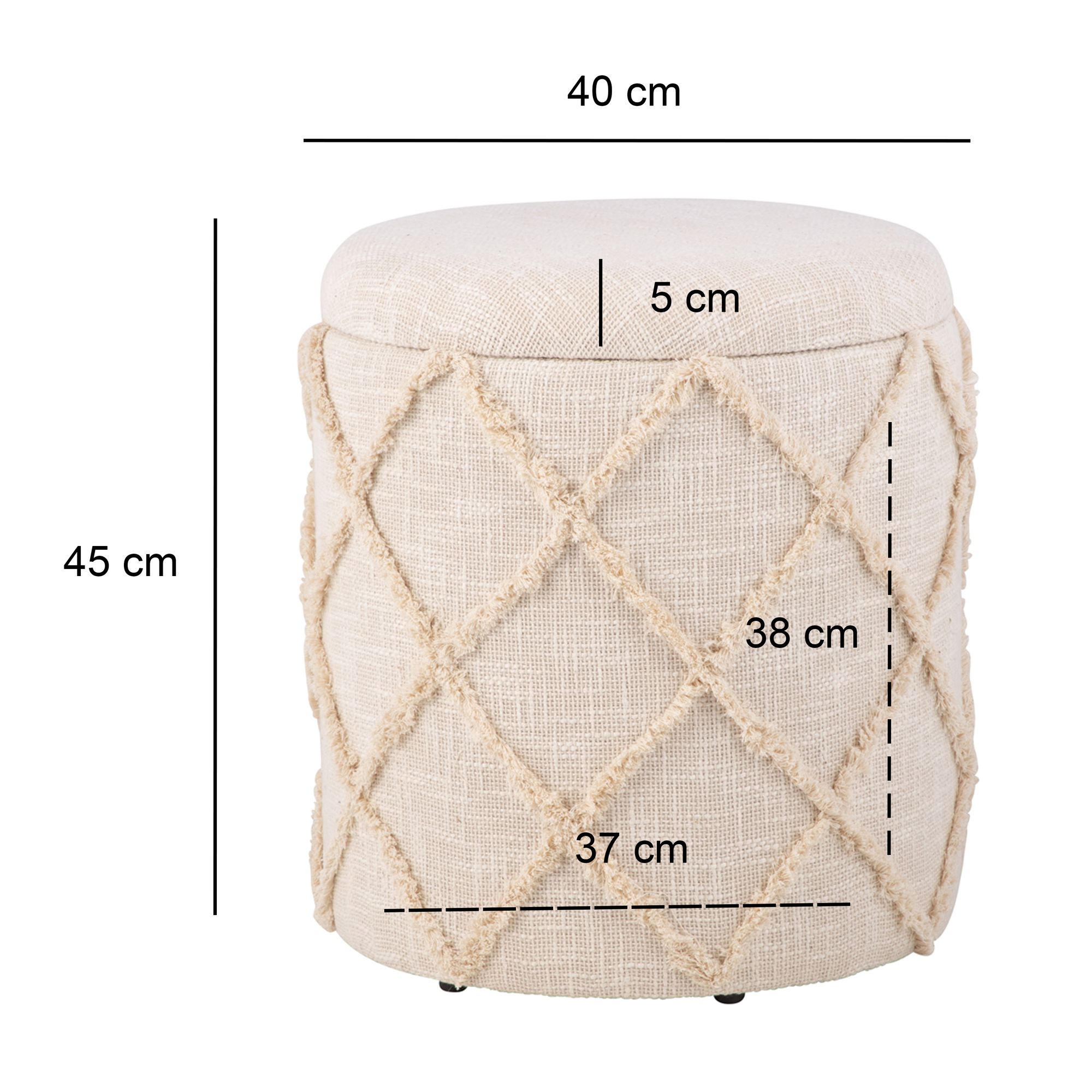 FineBuy Sitzhocker mit Stauraum rund 40x40x45 cm, Polsterhocker Creme Baumwolle Boho Design, Hocker mit abnehmbarem Deckel & Staufach, Stoff Dekohocker für Wohnzimmer, Schlafzimmer & Flur | Farbe: Beige