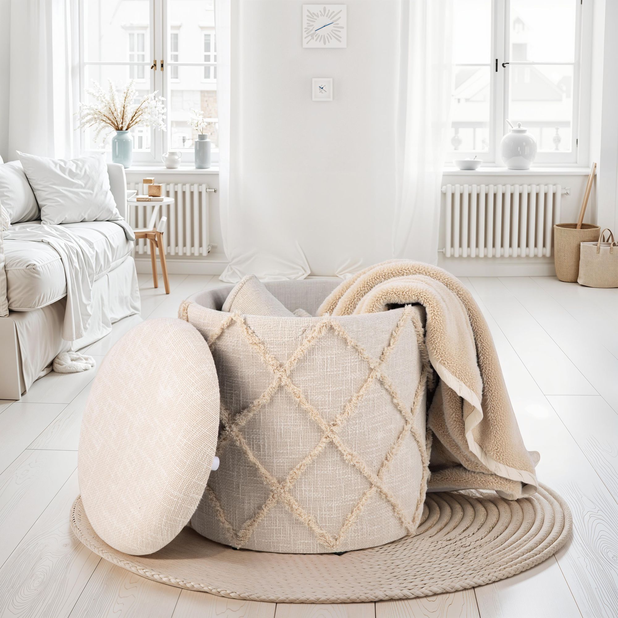 FineBuy Sitzhocker mit Stauraum rund 40x40x45 cm, Polsterhocker Creme Baumwolle Boho Design, Hocker mit abnehmbarem Deckel & Staufach, Stoff Dekohocker für Wohnzimmer, Schlafzimmer & Flur | Farbe: Beige