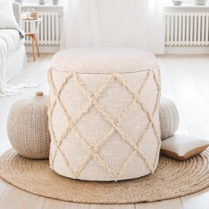 FB111047 FineBuy Sitzhocker mit Stauraum rund 40x40x45 cm, Polsterhocker Creme Baumwolle Boho Design, Hocker mit abnehmbarem Deckel & Staufach, Stoff Dekohocker für Wohnzimmer, Schlafzimmer & Flur