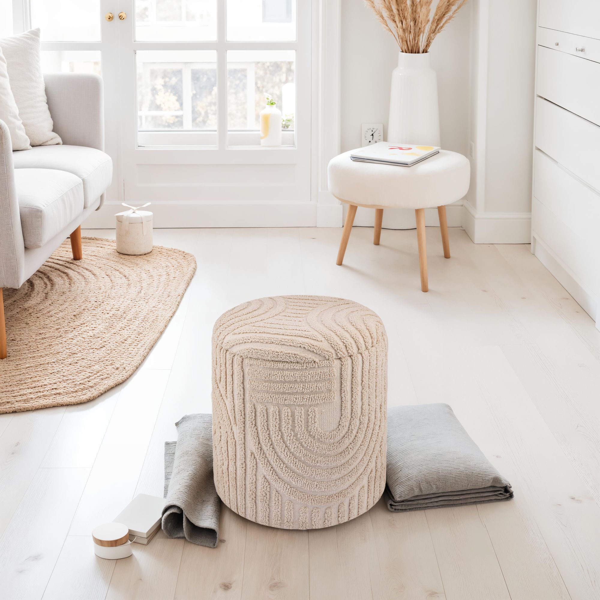 FineBuy Dekohocker mit Stauraum aus Baumwolle rund Ø40×45 cm, Sitzhocker mit abnehmbarem Deckel, Beistellhocker Beige, Polsterhocker Boho Design für Wohnzimmer & Schlafzimmer | Farbe: Beige