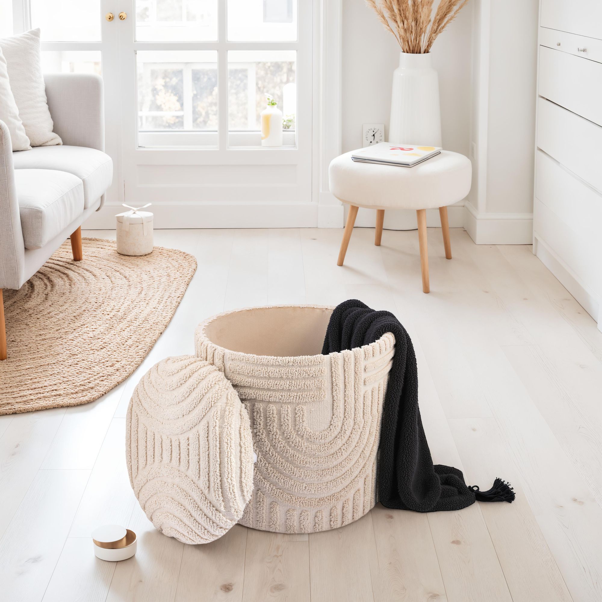 FineBuy Dekohocker mit Stauraum aus Baumwolle rund Ø40×45 cm, Sitzhocker mit abnehmbarem Deckel, Beistellhocker Beige, Polsterhocker Boho Design für Wohnzimmer & Schlafzimmer | Farbe: Beige