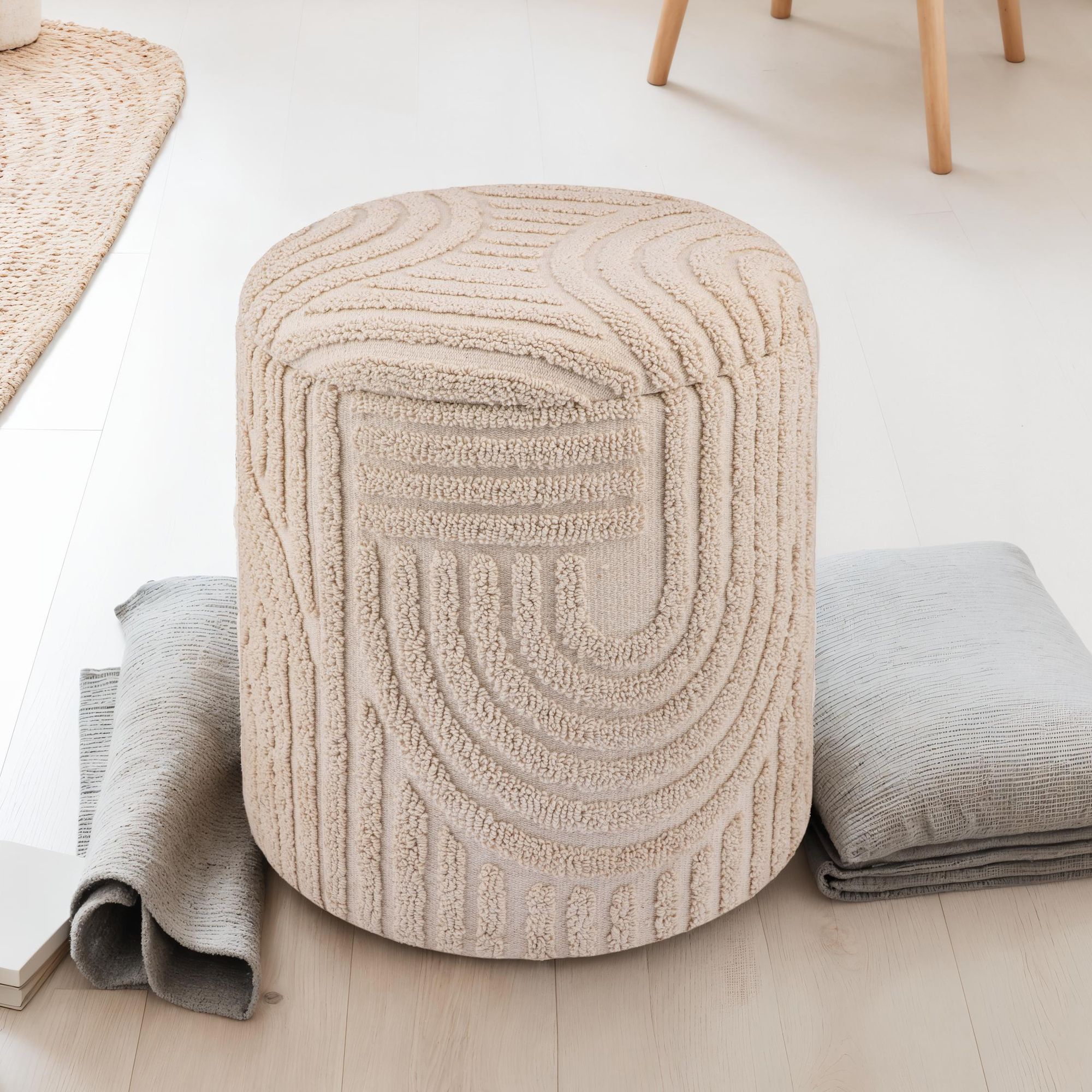 FineBuy Dekohocker mit Stauraum aus Baumwolle rund Ø40×45 cm, Sitzhocker mit abnehmbarem Deckel, Beistellhocker Beige, Polsterhocker Boho Design für Wohnzimmer & Schlafzimmer | Farbe: Beige