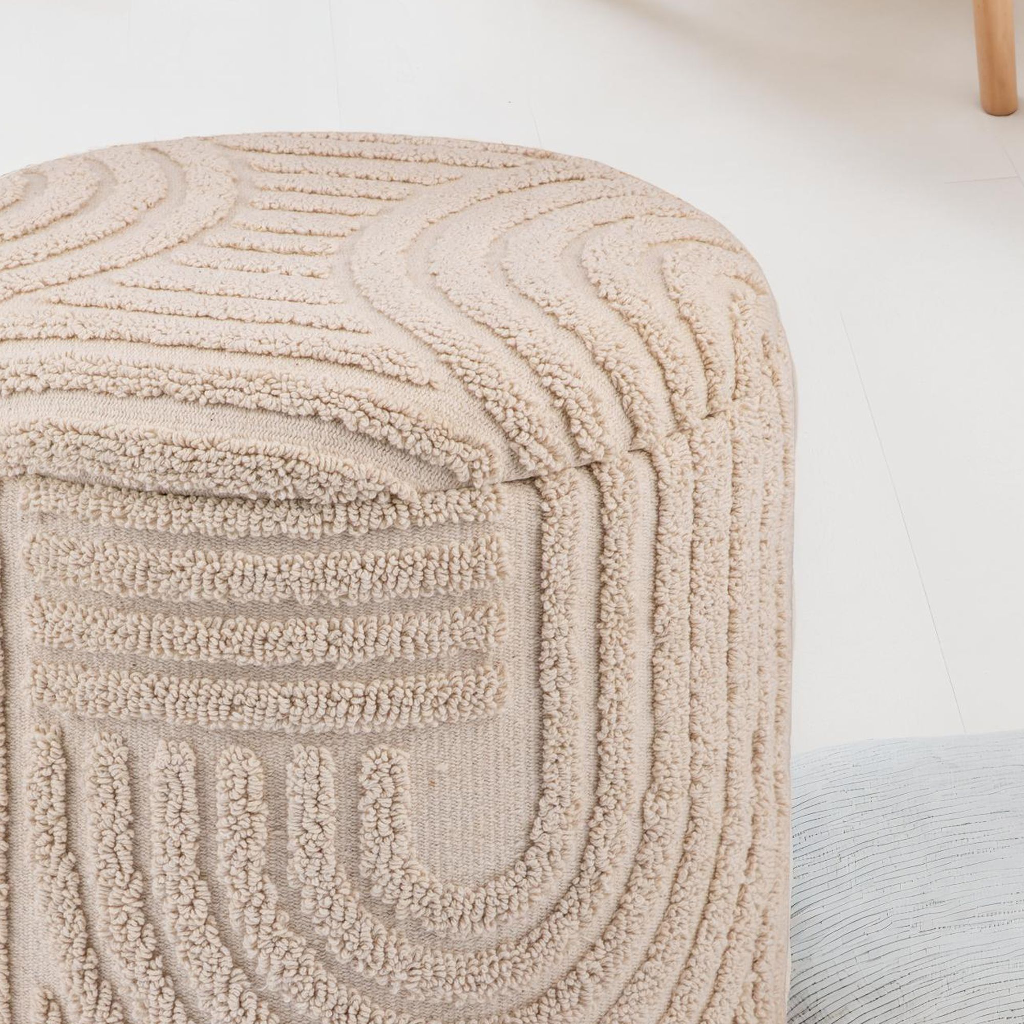 FineBuy Dekohocker mit Stauraum aus Baumwolle rund Ø40×45 cm, Sitzhocker mit abnehmbarem Deckel, Beistellhocker Beige, Polsterhocker Boho Design für Wohnzimmer & Schlafzimmer | Farbe: Beige