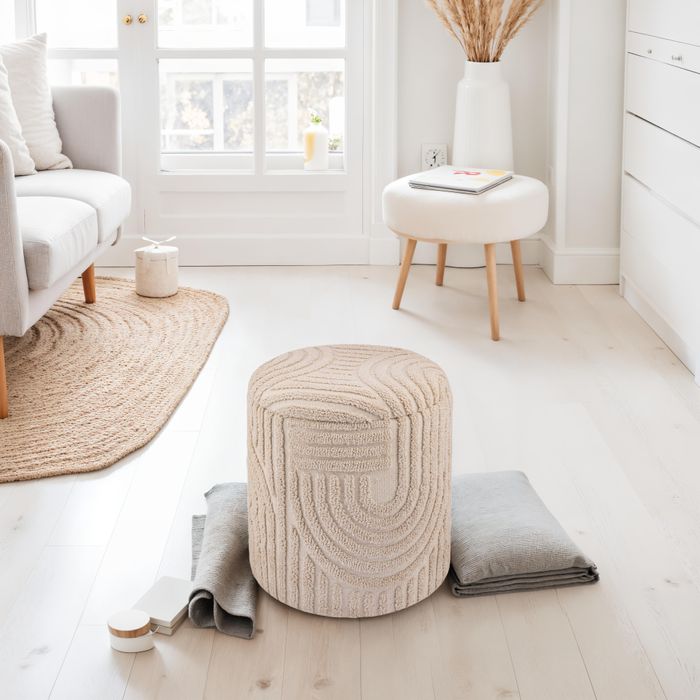 FineBuy Dekohocker mit Stauraum aus Baumwolle rund Ø40×45 cm, Sitzhocker mit abnehmbarem Deckel, Beistellhocker Beige, Polsterhocker Boho Design für Wohnzimmer & Schlafzimmer