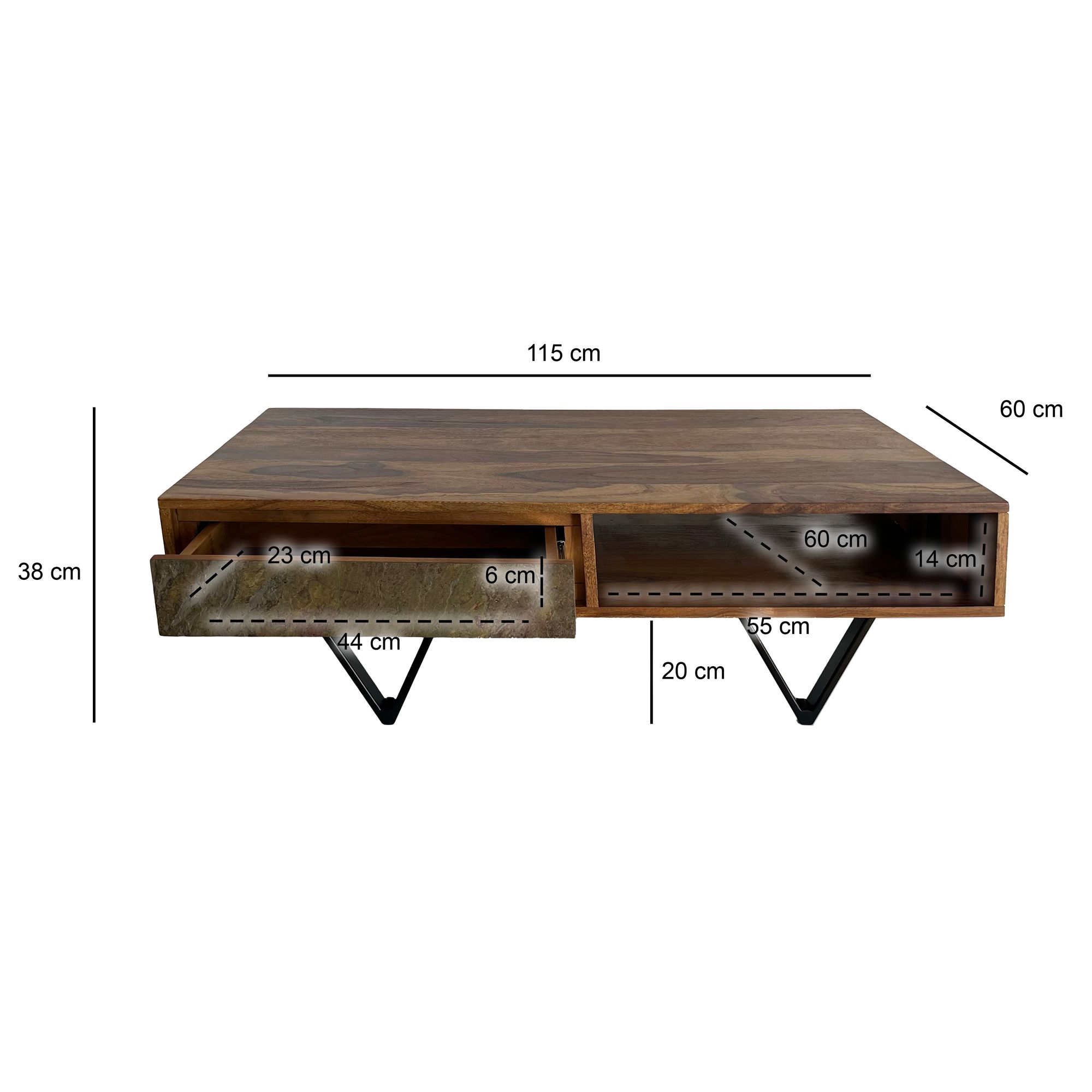 FineBuy Couchtisch rechteckig Sheesham Massivholz 115 cm, Wohnzimmertisch mit 2 Schubladen & Ablagefach, Steinoptik Front, Metallgestell Schwarz | Farbe: Braun