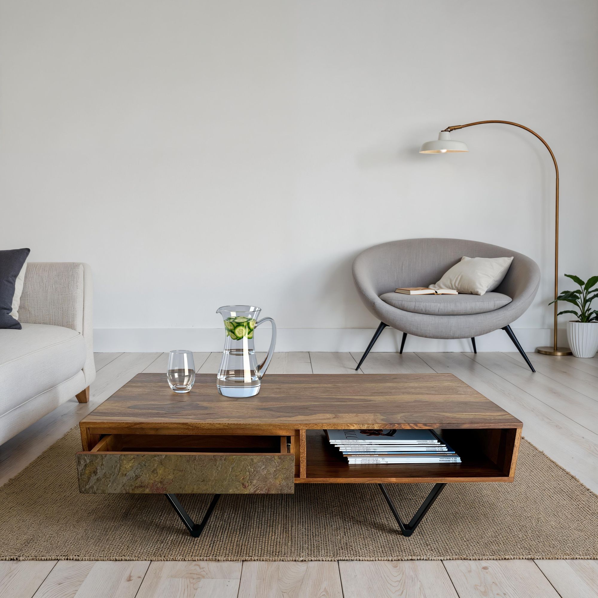 FineBuy Couchtisch rechteckig Sheesham Massivholz 115 cm, Wohnzimmertisch mit 2 Schubladen & Ablagefach, Steinoptik Front, Metallgestell Schwarz | Farbe: Braun