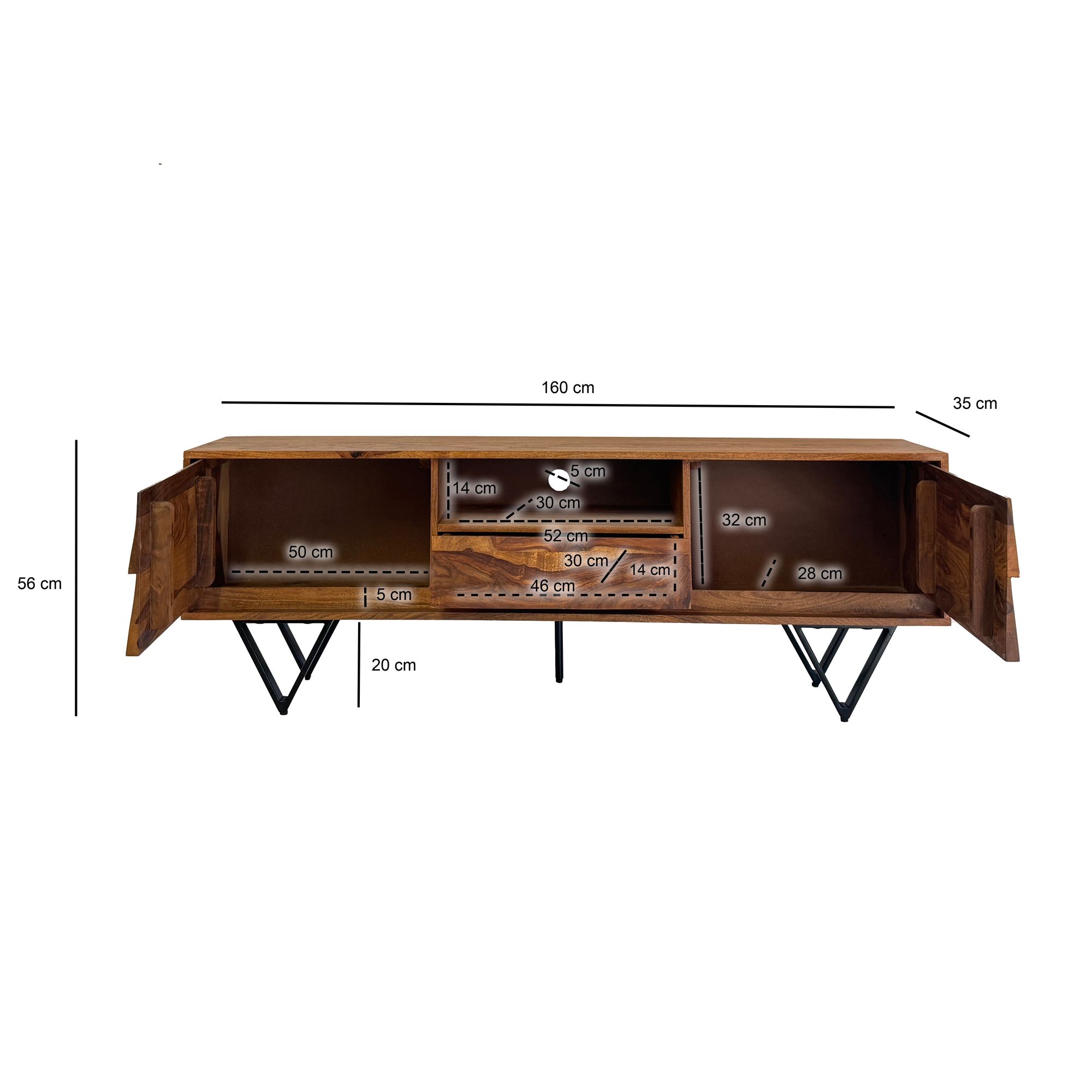 FineBuy TV Lowboard Sheesham Massivholz 160 cm, Fernsehtisch mit Türen, Schublade, offenem Fach & Kabeldurchlass, TV Board mit 3D Fronten & schwarzen Metallfüßen im Industrial Design | Farbe: Braun