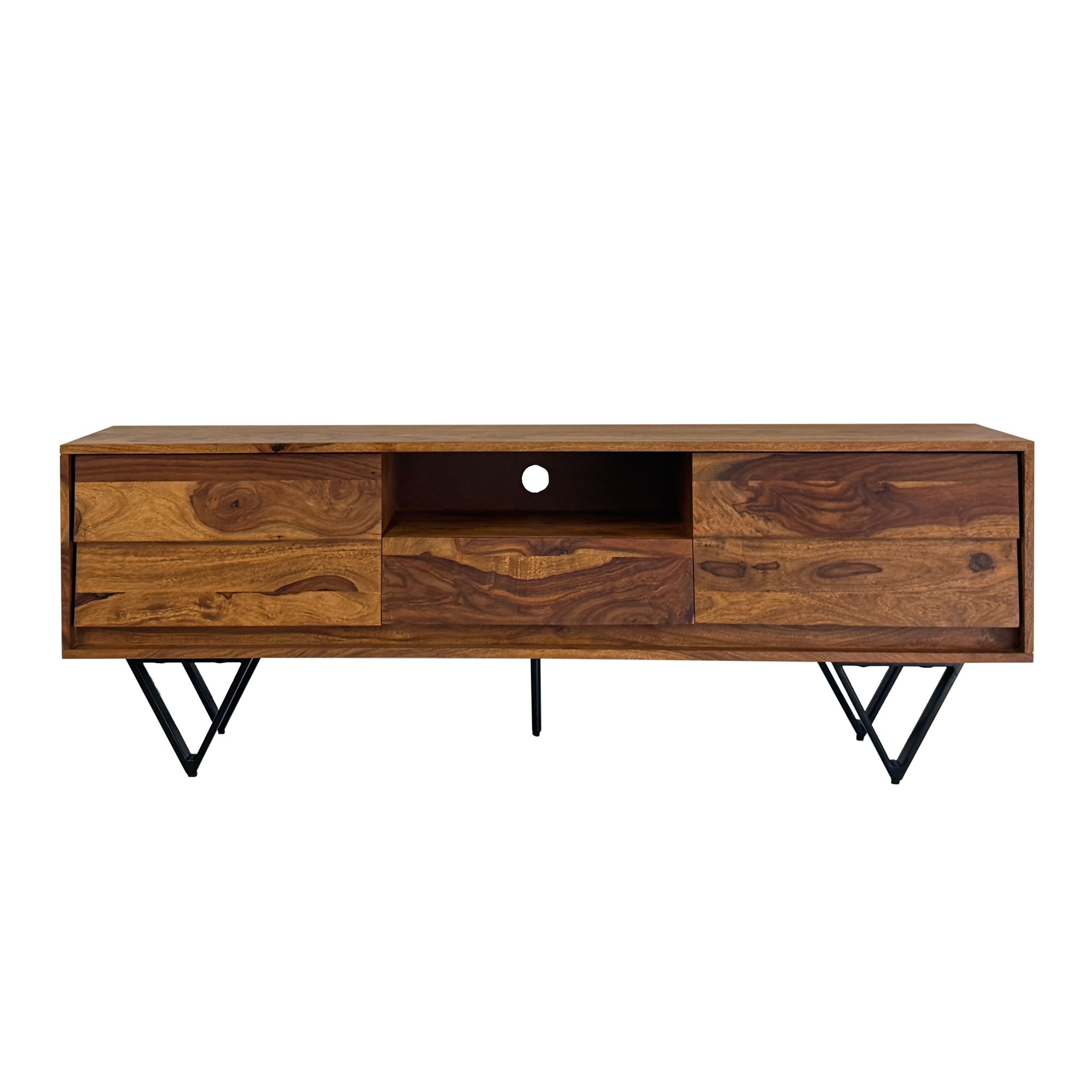 FineBuy TV Lowboard Sheesham Massivholz 160 cm, Fernsehtisch mit Türen, Schublade, offenem Fach & Kabeldurchlass, TV Board mit 3D Fronten & schwarzen Metallfüßen im Industrial Design | Farbe: Braun