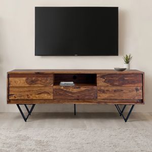 FineBuy TV Lowboard Sheesham Massivholz 160 cm, Fernsehtisch mit Türen, Schublade, offenem Fach & Kabeldurchlass, TV Board mit 3D Fronten & schwarzen Metallfüßen im Industrial Design
