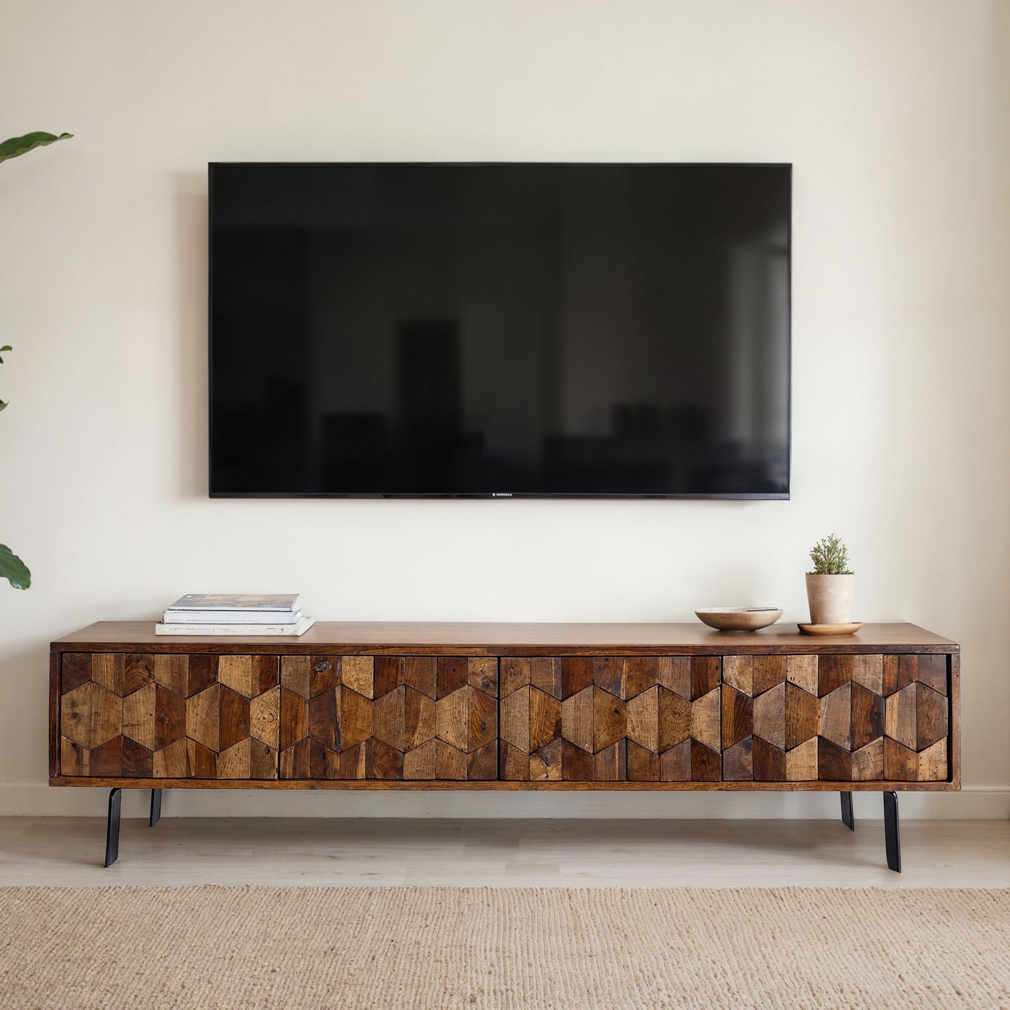 FineBuy Lowboard Sheesham Massivholz 160 cm, TV-Board mit 3D Fronten, 4 Türen, Kabeldurchlass & Metallbeinen Schwarz, Designer TV-Schrank für Wohnzimmer | Farbe: Braun FineBuy Lowboard Sheesham Massivholz 160 cm, TV-Board mit 3D Fronten, 4 Türen, Kabeldurchlass & Metallbeinen Schwarz, Designer TV-Schrank für Wohnzimmer | Farbe: Braun