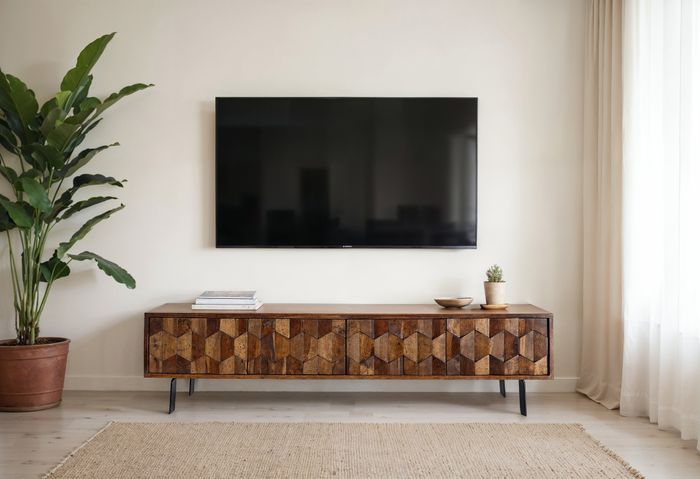FineBuy Lowboard Sheesham Massivholz 160 cm, TV-Board mit 3D Fronten, 4 Türen, Kabeldurchlass & Metallbeinen Schwarz, Designer TV-Schrank für Wohnzimmer