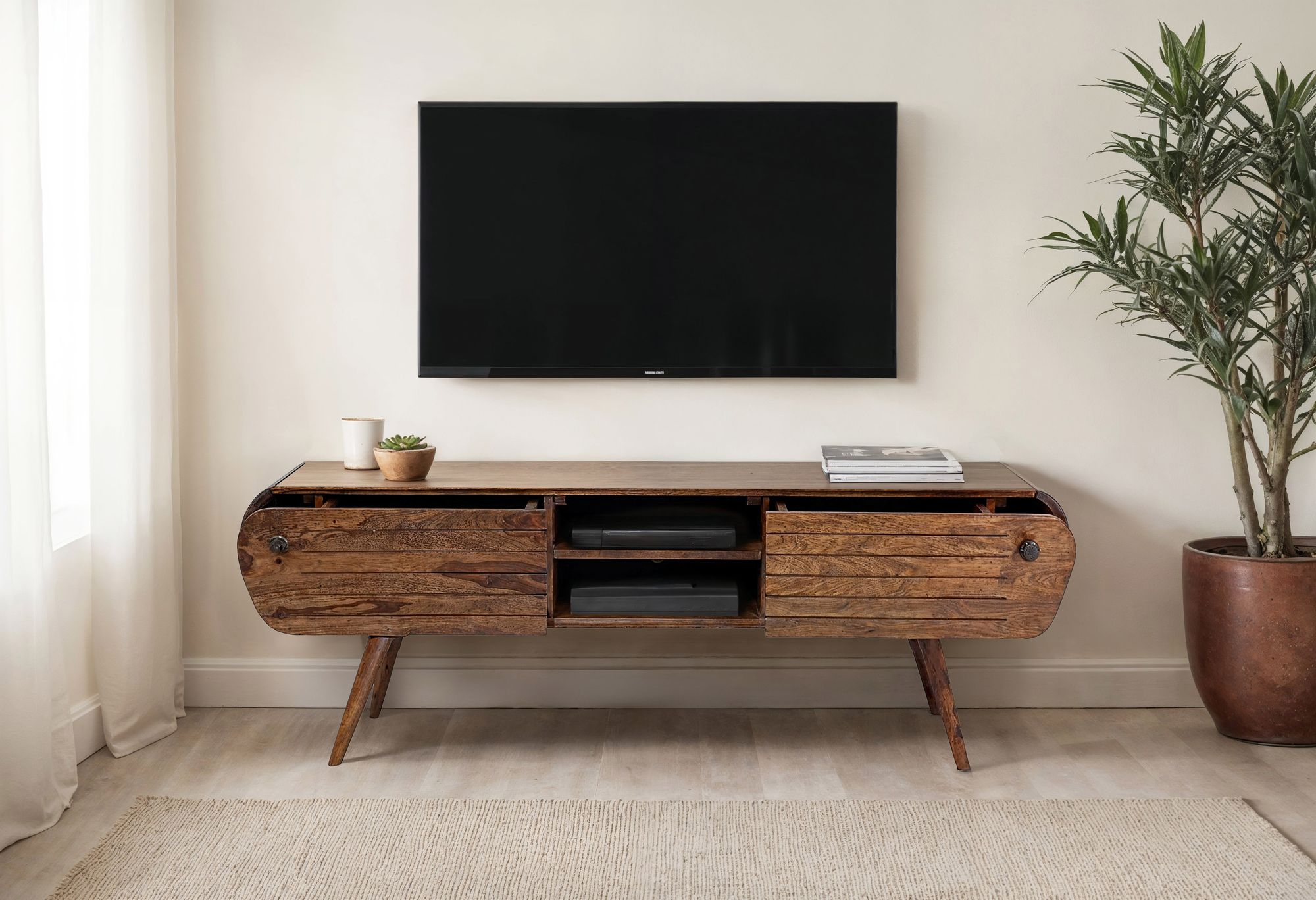 FineBuy Lowboard Sheesham Massivholz 160 cm, TV Board mit 2 Schubladen & offenen Fächern, Retro Fernsehtisch Holz, Wohnzimmer Möbel Skandi Vintage Design, TV Möbel massiv | Farbe: Braun