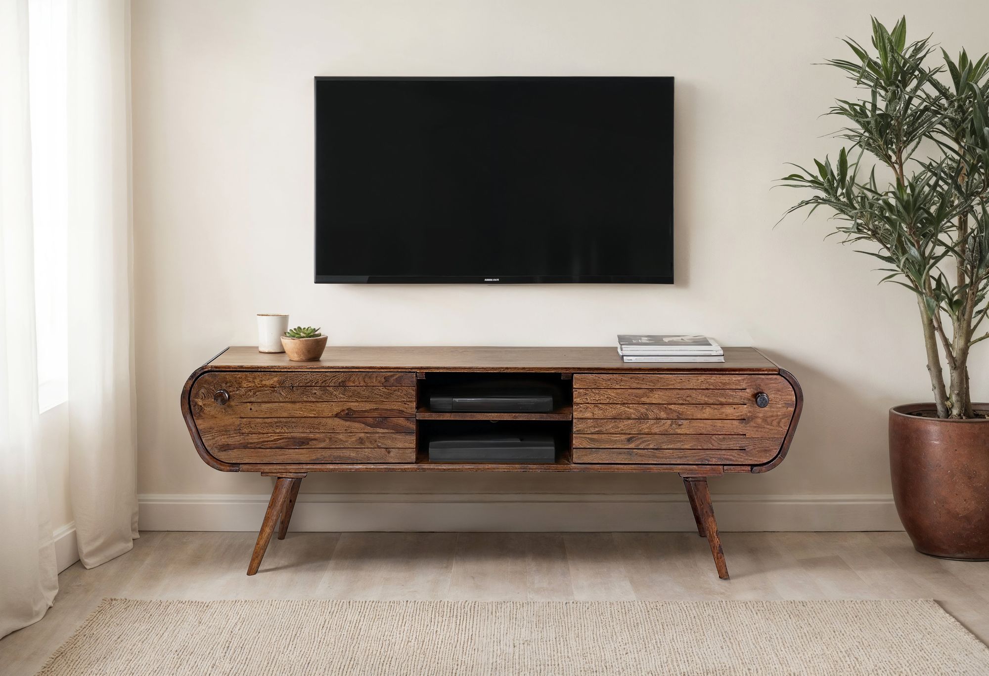 FineBuy Lowboard Sheesham Massivholz 160 cm, TV Board mit 2 Schubladen & offenen Fächern, Retro Fernsehtisch Holz, Wohnzimmer Möbel Skandi Vintage Design, TV Möbel massiv | Farbe: Braun