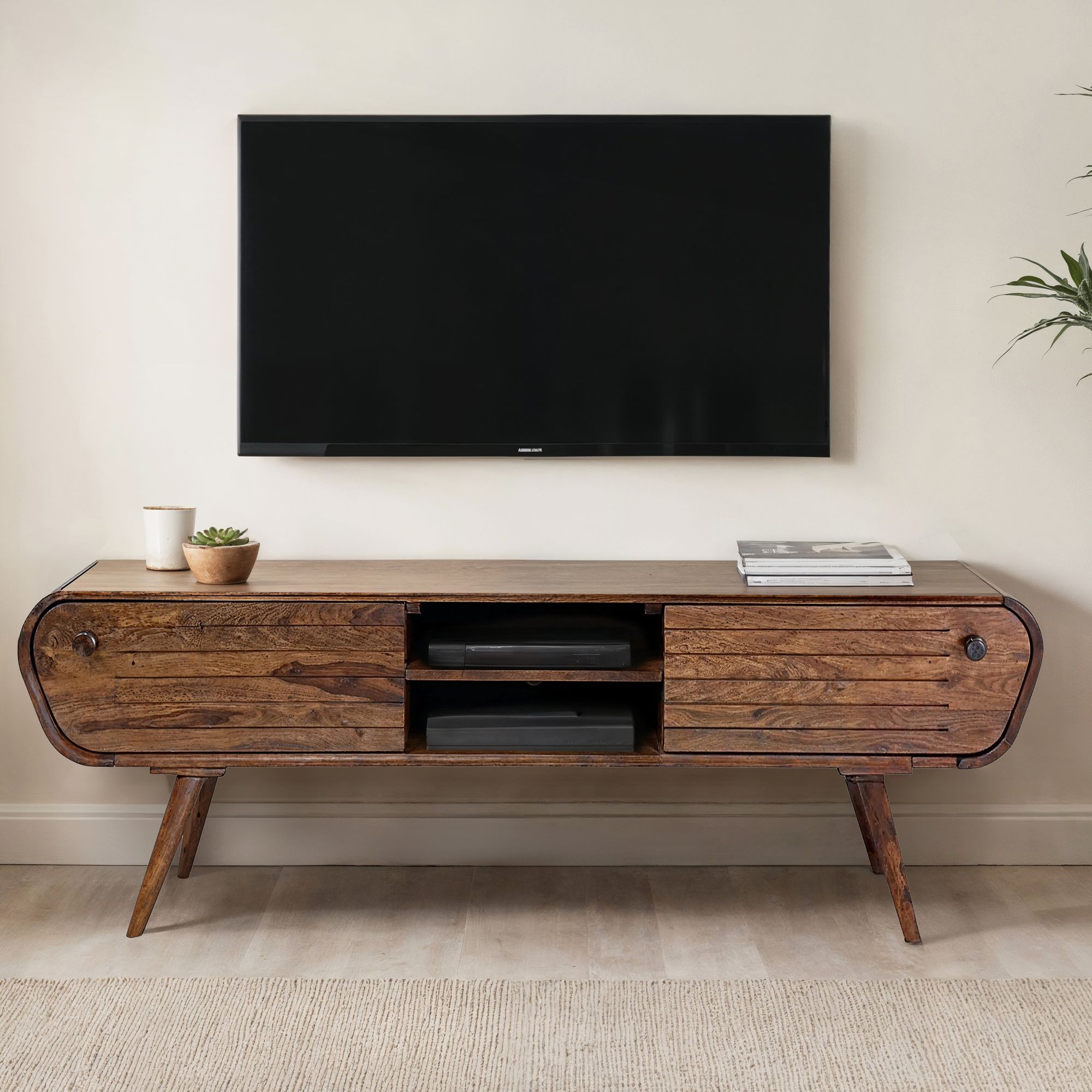 FineBuy Lowboard Sheesham Massivholz 160 cm, TV Board mit 2 Schubladen & offenen Fächern, Retro Fernsehtisch Holz, Wohnzimmer Möbel Skandi Vintage Design, TV Möbel massiv | Farbe: Braun