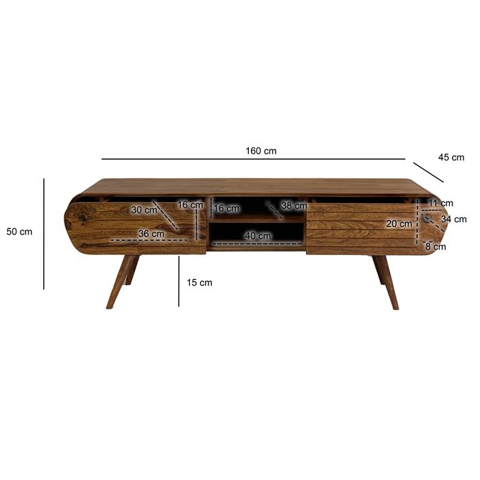Lowboard FineBuy TV Board Sheesham Massivholz 160 cm Retro Schubladen Fächer – Maßzeichnung
