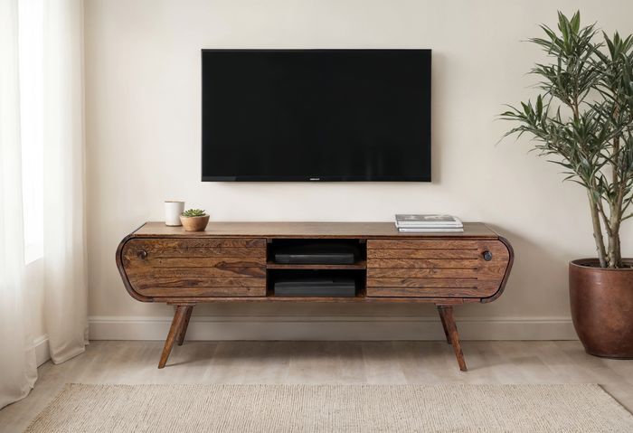 FineBuy Lowboard Sheesham Massivholz 160 cm, TV Board mit 2 Schubladen & offenen Fächern, Retro Fernsehtisch Holz, Wohnzimmer Möbel Skandi Vintage Design, TV Möbel massiv