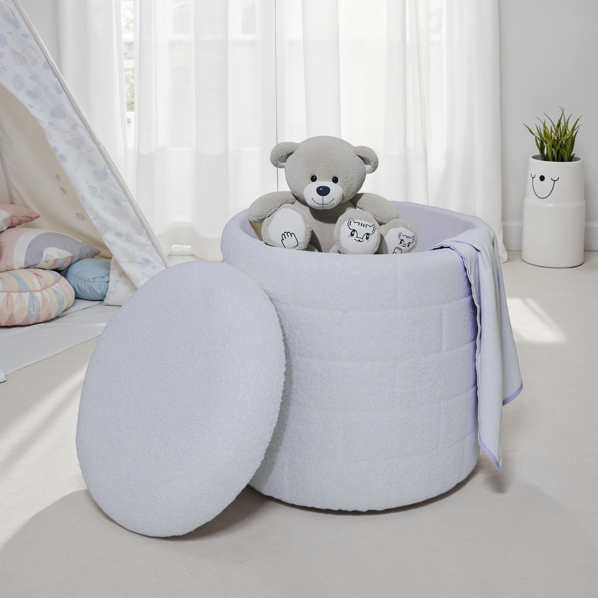 FineBuy Sitzhocker mit Stauraum 40x40x45 cm, Runder Stoffhocker Weiß mit abnehmbarem Deckel, Aufbewahrungshocker gepolstert, Moderner Beistellhocker für Wohnzimmer | Farbe: Weiß