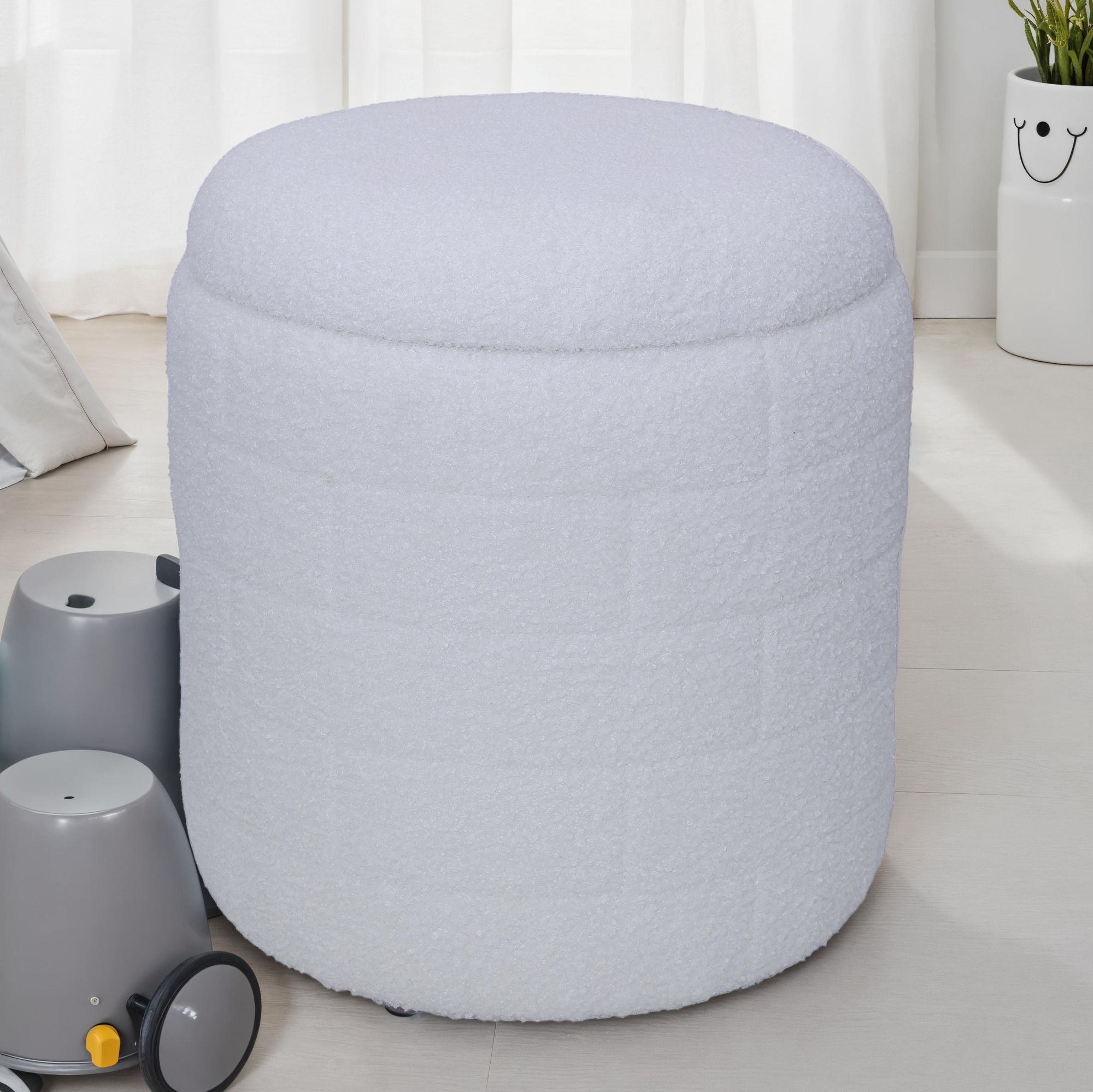 FineBuy Sitzhocker mit Stauraum 40x40x45 cm, Runder Stoffhocker Weiß mit abnehmbarem Deckel, Aufbewahrungshocker gepolstert, Moderner Beistellhocker für Wohnzimmer | Farbe: Weiß